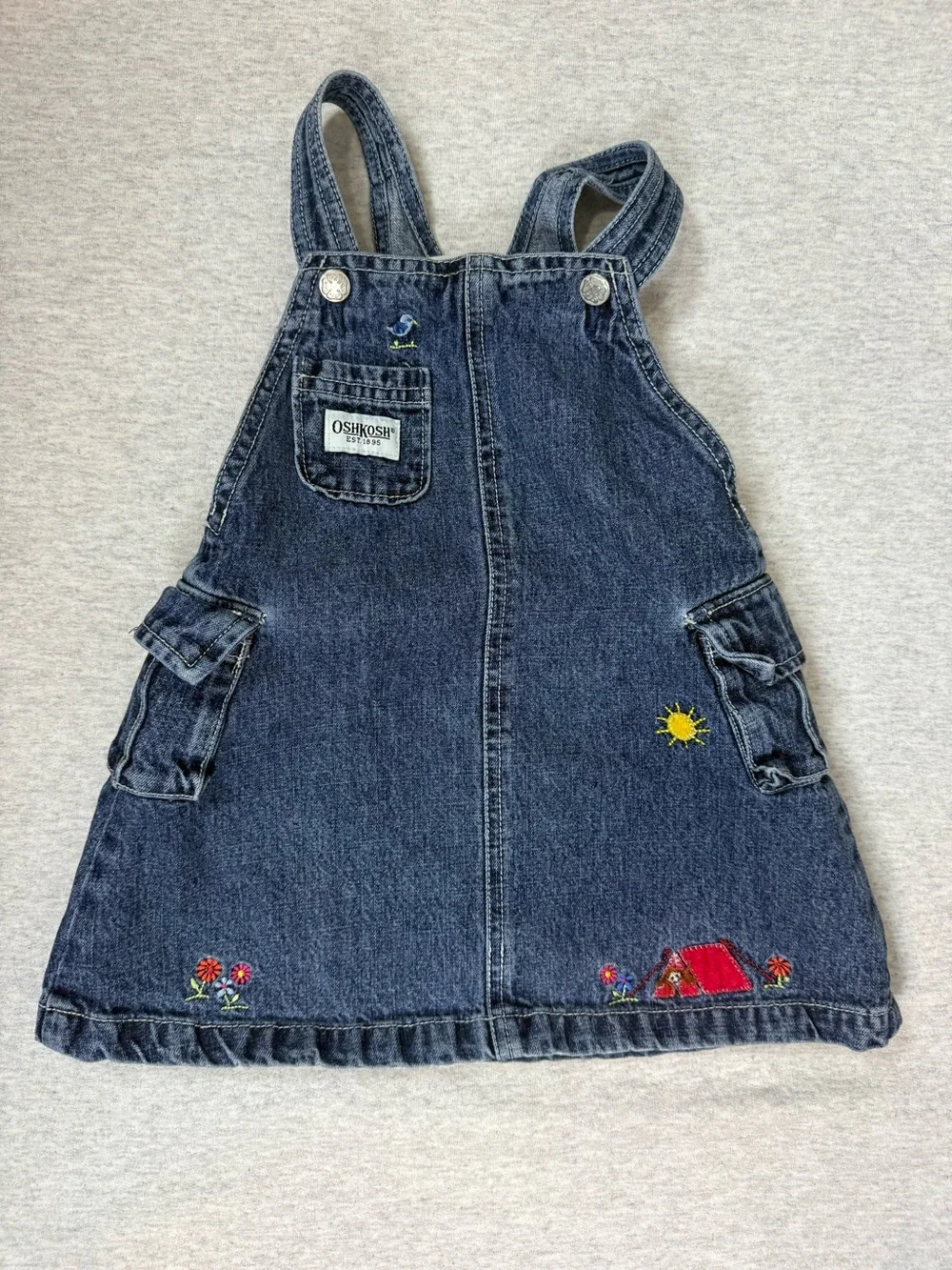 Vintage OshKosh B’gosh Denim Overall Jumper Dress Red Camping Tent - 24M